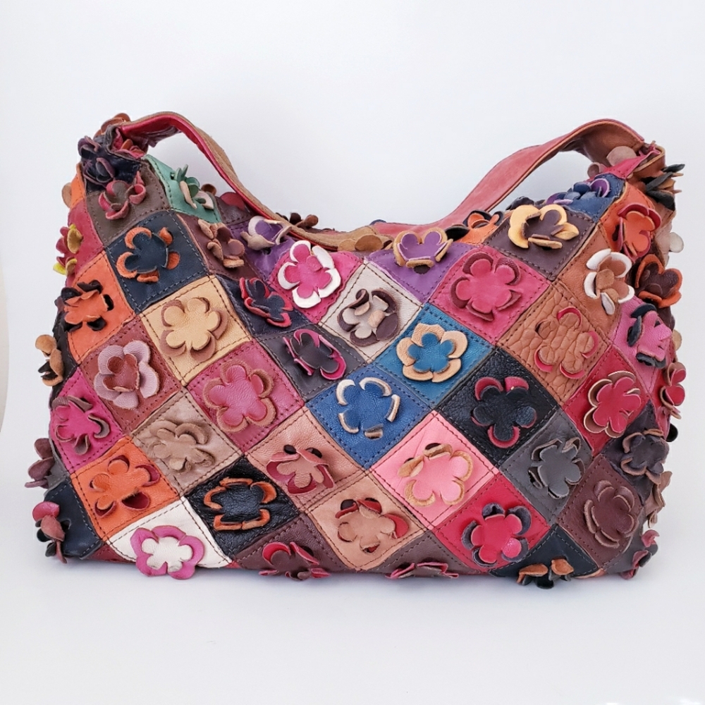 Vintage Genuine Leather Multi Color Floral Patchwork Hobo Bag Slouchy
